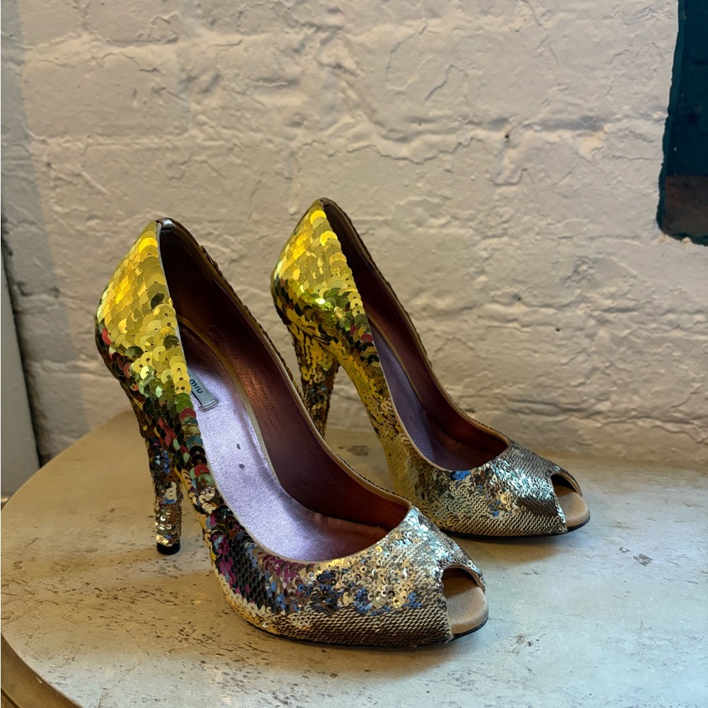 Miu Miu Gold Sequin Peep-Toe Heels - Picture 6 of 7